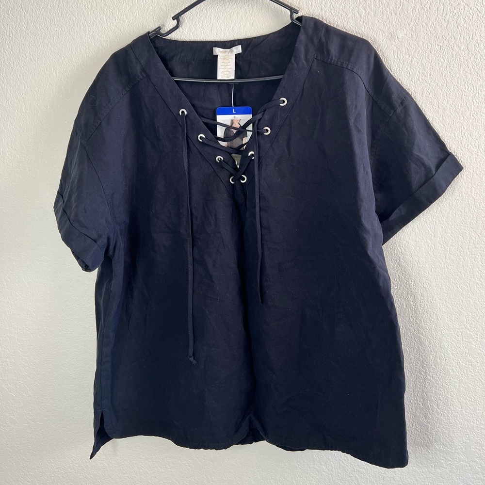 Marty M Womens Blouse Size Large,V-Neck, New With Tag, Black Color,Size Large